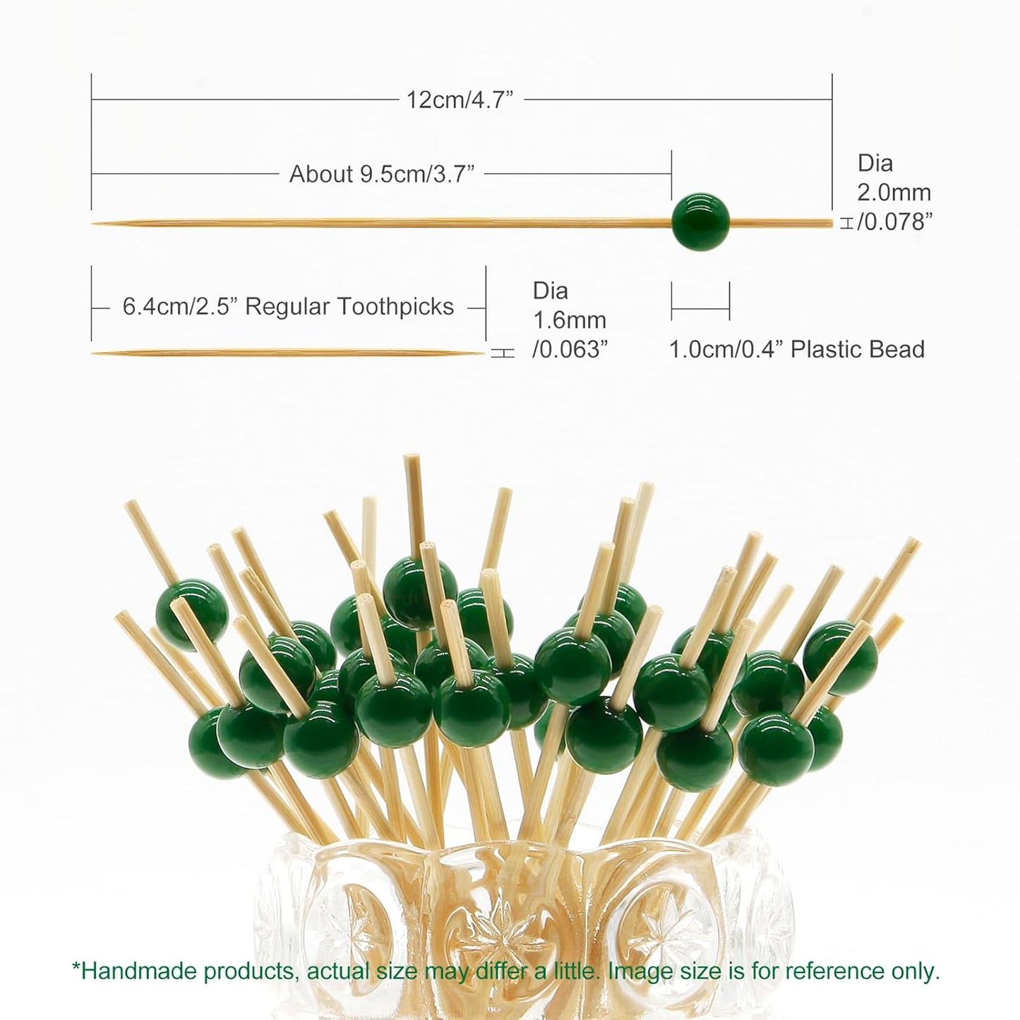 Minisland Dark Green Pearl Cocktail Picks, 4.7 Inch Long Bamboo Fancy Toothpicks for Appetizers, Decorative Christmas Holiday Party Food Drink Garnish Fruit Kabob Skewer Sticks 100 Counts - MSL452
