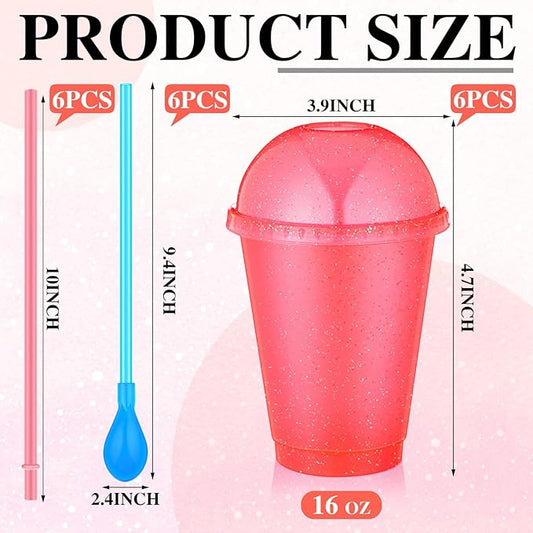 6 Set Slushie Cups with Dome Lids and Straws Detachable Spoon Straws Reusable Plastic Iced Coffee Cups Smoothie Tumbler for Birthdays Summer Party Supplies(Pink,16 oz)