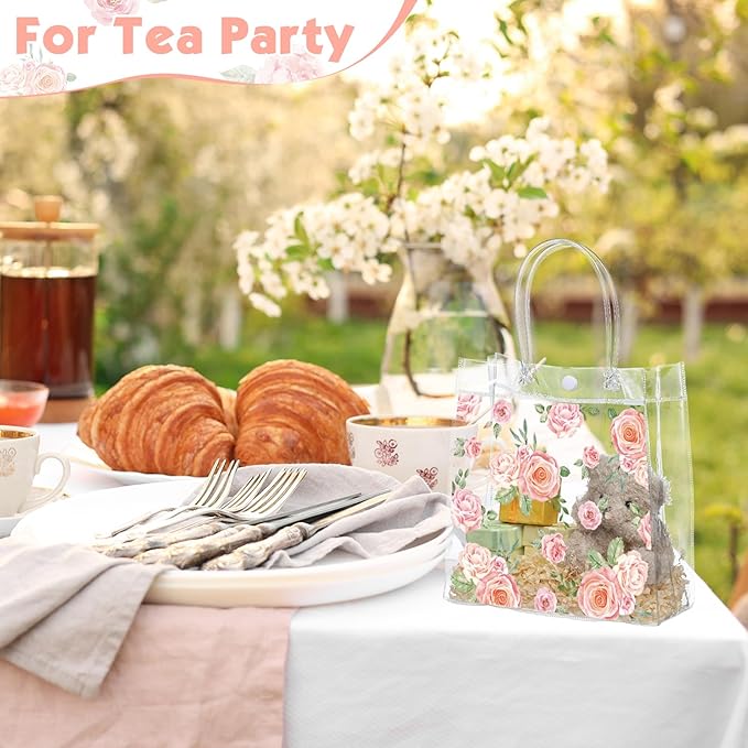 Aliceset 20 Pcs Clear Floral Clear Gift Bags with Handles PVC Flower Rose Party Goodie Treat Bag for Mother's Day Mom Tea Party Baby Shower Spring Birthday Bridal Shower, 8 x 8 x 3.15 Inch