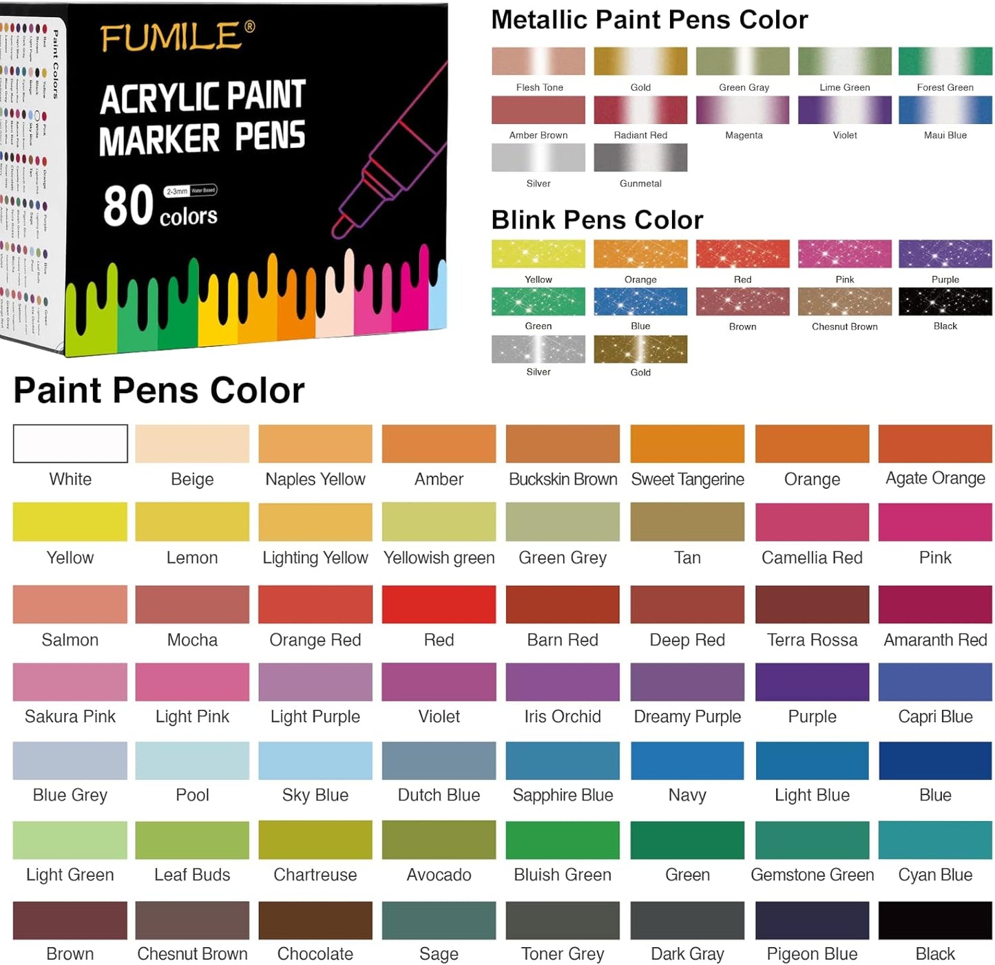 FUMILE Acrylic Markers Paint Pens, 80 Colors Paint Markers include Metallic Color (12 PCS), Blink Color (12 PCS) and Normal Color (56 PCS). For Rock,Metal,Plastic,Glass,Canvas,Ceramic,Wood,And More