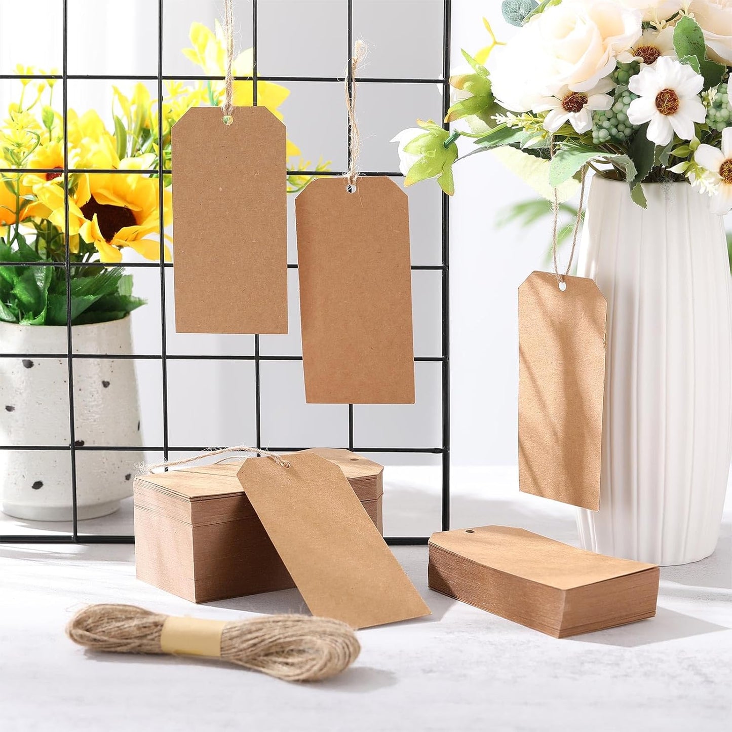 200 Pcs Kraft Paper Gift Tags with String 4.7" x 2.4" Cardboard Price Tag Name Tag Vintage Wedding Birthday Hang Brown Tags with Twine Blank Gift Tag for Wedding Birthday Holiday Art & Craft