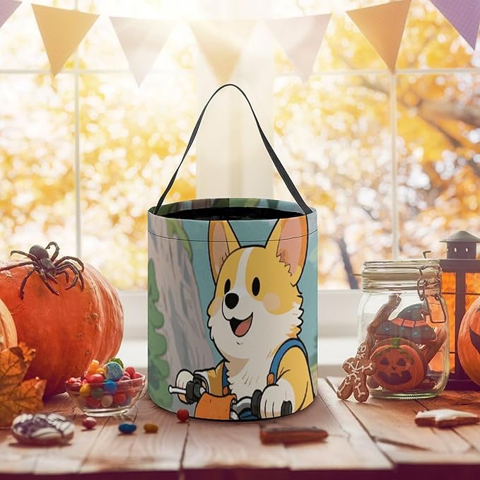 Halloween Candy Bucket - Dog Riding Motorcycles Trick Or Treat Candy Bag, Gift Bag for Party Favor Supplies