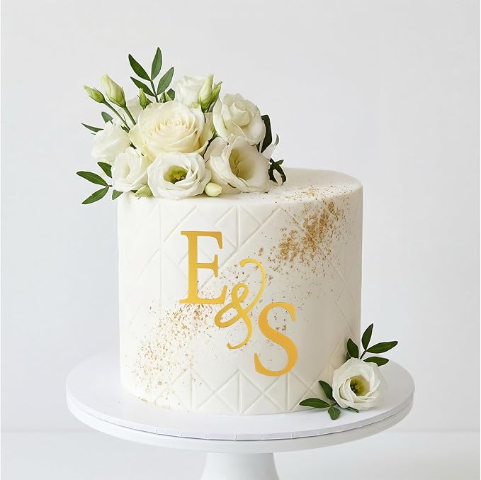 Wedding Cake Toppers Diamond Ring Personalized Cake Topper with 26 Letter Bride and Groom Initial Sign Custom Cakes Topper Wedding Toppers for Cakes - Gold Acrylic