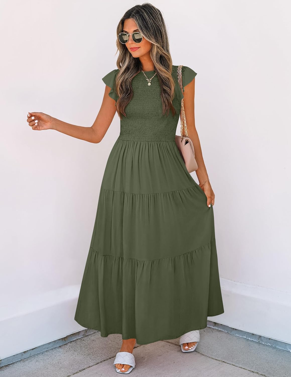 ZESICA Women's 2025 Summer Casual Flutter Short Sleeve Crew Neck Smocked Elastic Waist Tiered Midi Dress