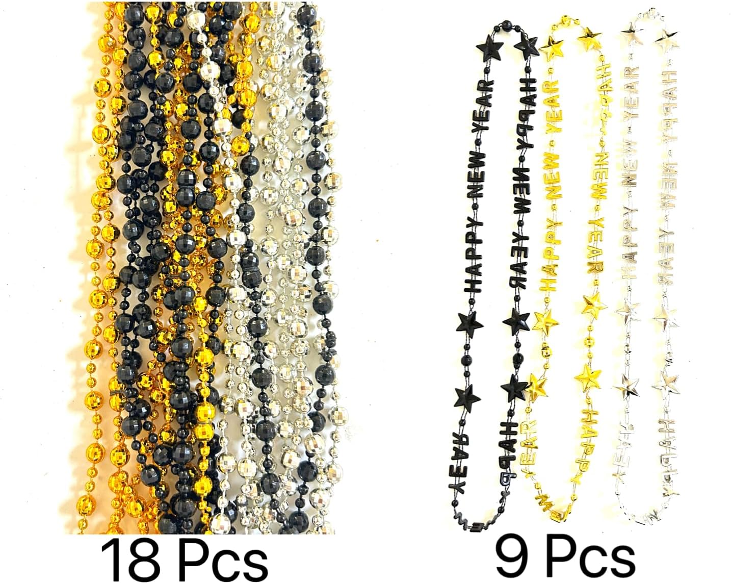 81 Pcs Happy New Year Beads Necklaces - Black, Gold, Silver - New Year Eve Bulk Accessories & Decorations