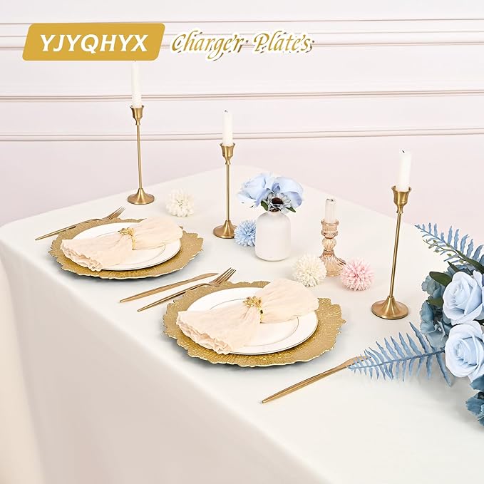 50 Pack Gold Charger Plates Bulk, 13" Plastic Reef Chargers for Dinner Plates, Round Charger Plate with Floral Reef Design for Dinner Wedding Party Table Setting Decoration