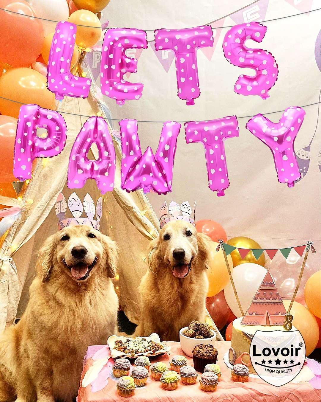 9 Pcs Lets Pawty Balloons Banner 16 Inch, Dog Cat Pet Birthday Letters Sign Lets Pawty Balloons Happy Birthday Banner for Pet Dog Cat Party Supplies Decorations (Heart Pink)