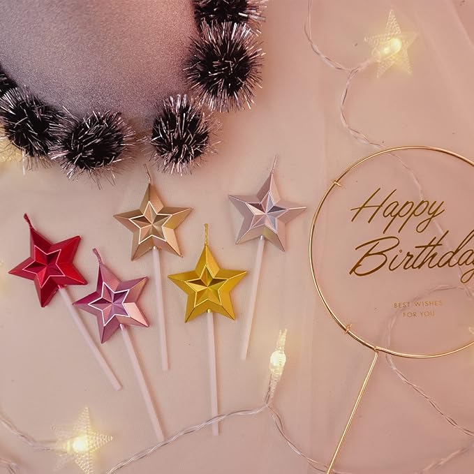 Saododku Birthday Candles, Star Shaped Champagne Gold Birthday Candles for Cake, 5pcs Metallic Color Stereo Shaping Cake Candles Set, Sparkler Candles for Birthday Cake