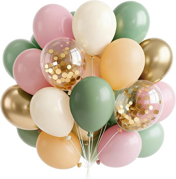 PartyWoo Pink and Green Balloons 65pcs 12 Inch Metallic Gold Sand White Sage Green Nude Dusty Pink Gold Confetti Balloons for Baby Shower Wedding Engagement Princess Birthday Party Decorations