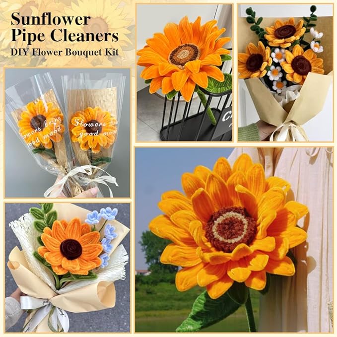 620 Pieces Golden Pipe Cleaners Craft Set, 600 Pcs Chenille Stems with 20 Pcs Flower Stems, for DIY Art and Craft Projects Creative Gift Wrapping Party Decorations(Sunflower Series)