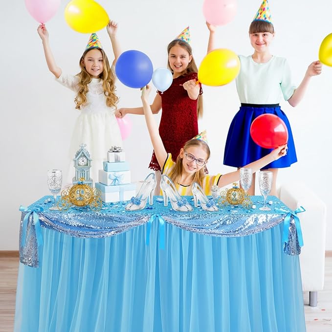 5 Pcs Princess Gray Party Tablecloth Blue and Silver Sequin Tulle Table Skirt 30 x 108 Inch Gray Princess Tables Cover for Birthday Party Decor Supplies(Bow, Silver)
