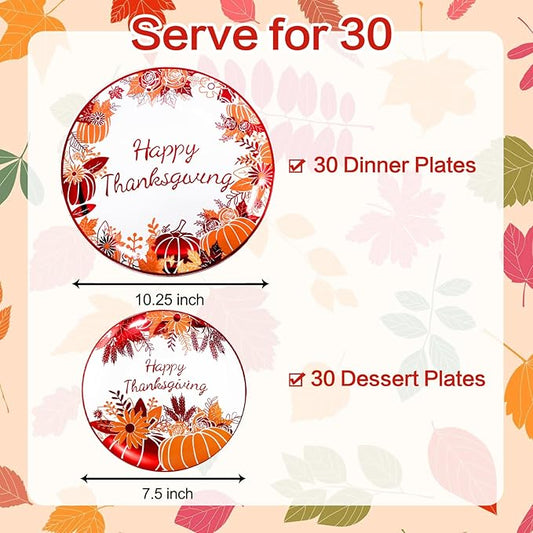 Rubtlamp 60PCS Thanksgiving Plastic Plates, White Orange Pumpkin Plates, Red Disposable Plates with Maple Leaves, Fall Disposable Plates Include 30 Dinner Plates, 30 Salad Plates For Thanksgiving