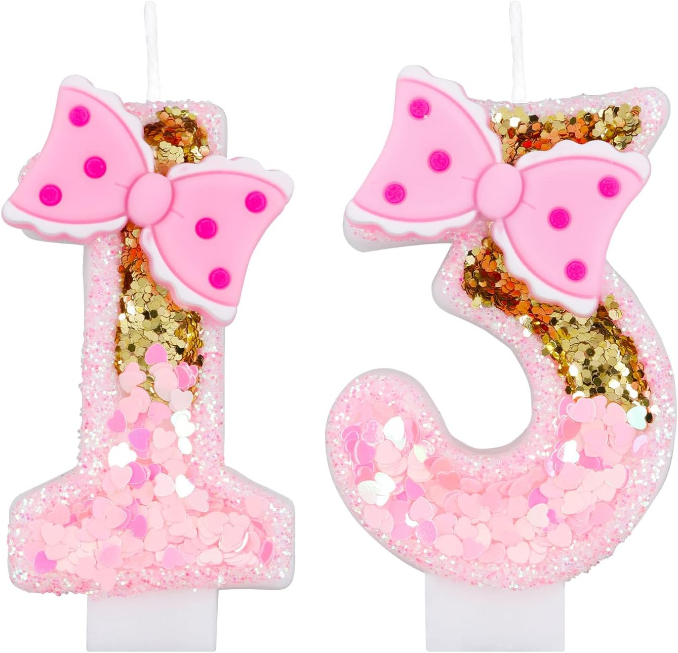 Girls' Pink 13th Birthday Candles with Gold Glitter Numbers and Bows - Perfect for Cake Decoration and Party Celebration