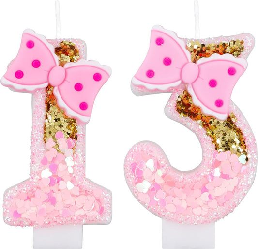 Girls' Pink 13th Birthday Candles with Gold Glitter Numbers and Bows - Perfect for Cake Decoration and Party Celebration