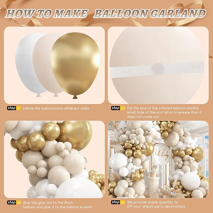 412pcs Sand White Gold Balloon Arch Kit, 18 12 10 5 Inch Different Size White Metallic Gold Latex Balloon for Boho Neutral Baby Shower Wedding Bridal Shower Birthday Decorations