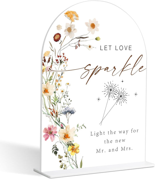 Let Love Sparkle Sign, Flower Style Sparkler Send Off Sign for Wedding Reception and Bridal Shower, Engagement, Bridal Shower Decor, Wedding Shower Favors, 6X8 Inch Acrylic Arch Sign with Stand,19