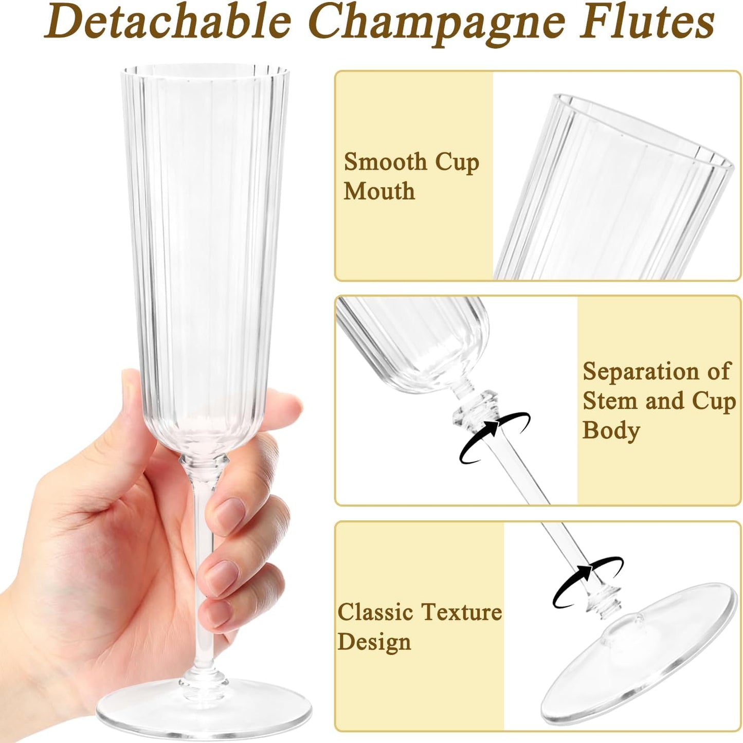 48 Pack Clear Champagne Flutes Plastic, Stripe Detachable Acrylic Champagne Glasses, Disposable Cocktail Drinking Cups, Reusable Wine Flutes, Cocktail Toasting Glasses for Wedding, Party