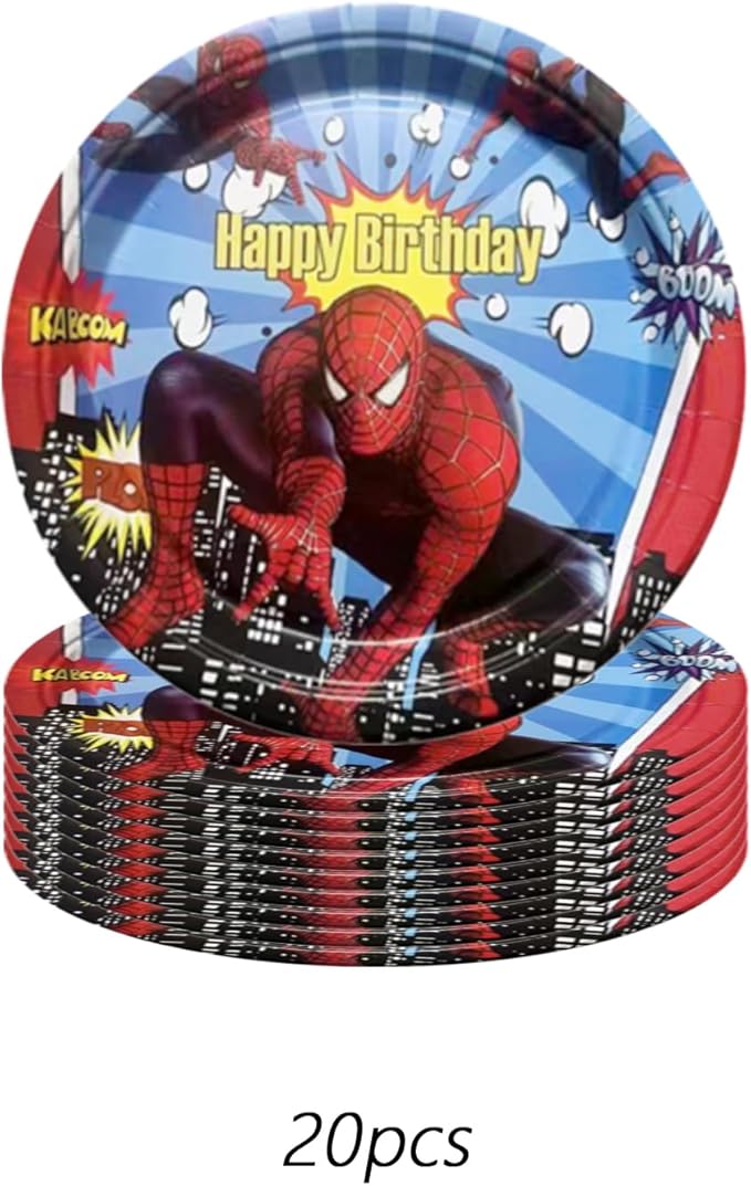 68PCS Spidey Birthday Decorations: 20 Plates, 20 Napkins, 20 Cups, 1 "Happy Birthday" Banner, 6 Hanging Swirls, 1 Tablecover
