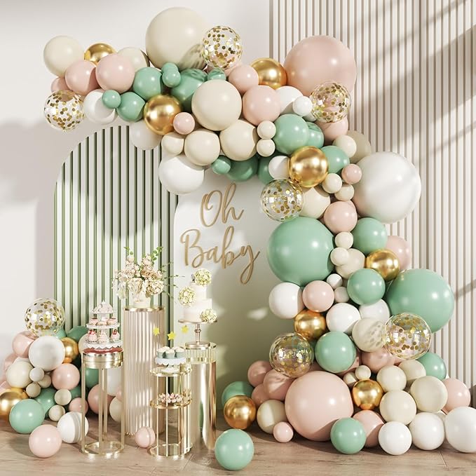 MEBAY Pastel Green Pink White Gold Balloon Arch Kit, 147PCS Fog Green Light Pink White Sand Gold Metallic and Confetti Balloons Garland for Baby Shower Gender Reveal Wedding Party Decoration