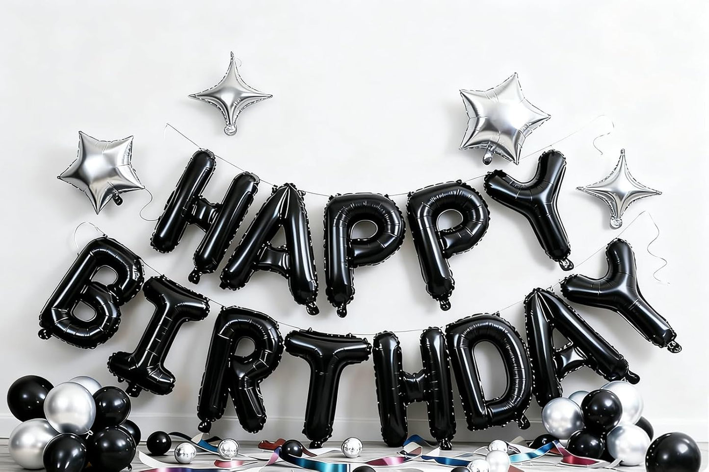 Black Happy Birthday Banner Balloon Aluminum Foil 16 Inch Letter,10 Inch Five Pointed Star Four Pointed Star Suitable for Kids, Men, Women, Boys and Girls Party Decoration Supplies