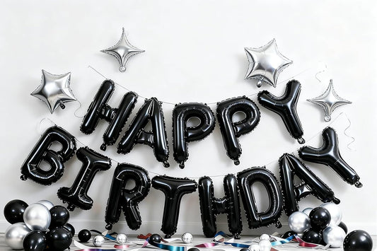 Black Happy Birthday Banner Balloon Aluminum Foil 16 Inch Letter,10 Inch Five Pointed Star Four Pointed Star Suitable for Kids, Men, Women, Boys and Girls Party Decoration Supplies