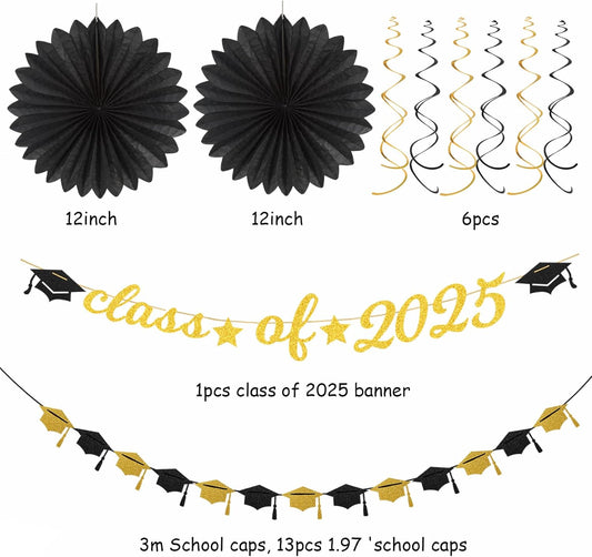 Black-Gold 2025 Class-Congratulations Graduation Party-Decorations - 22pcs High School College Grad Prom Supplies Decor, Tissue Pom Poms Streamers, Paper Flowers Lanterns Hugmoon