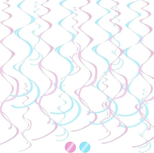 BEISHIDA Matte Pink and Blue Hanging Swirls Party Decorations Plastic Streamer for Baby Shower Hanging Ornament Decorations, Birthday Easter Bridal Party Supplies, Pack of 24