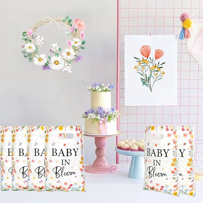 Serencatcher 50Pcs Baby In Bloom Party Favor Bags Widflower Baby Shower Goodie Bags Plastic Floral Gift Bags Candy Bags with Handles for Wildflower Baby In Bloom Baby Shower Decorations Party Supplies