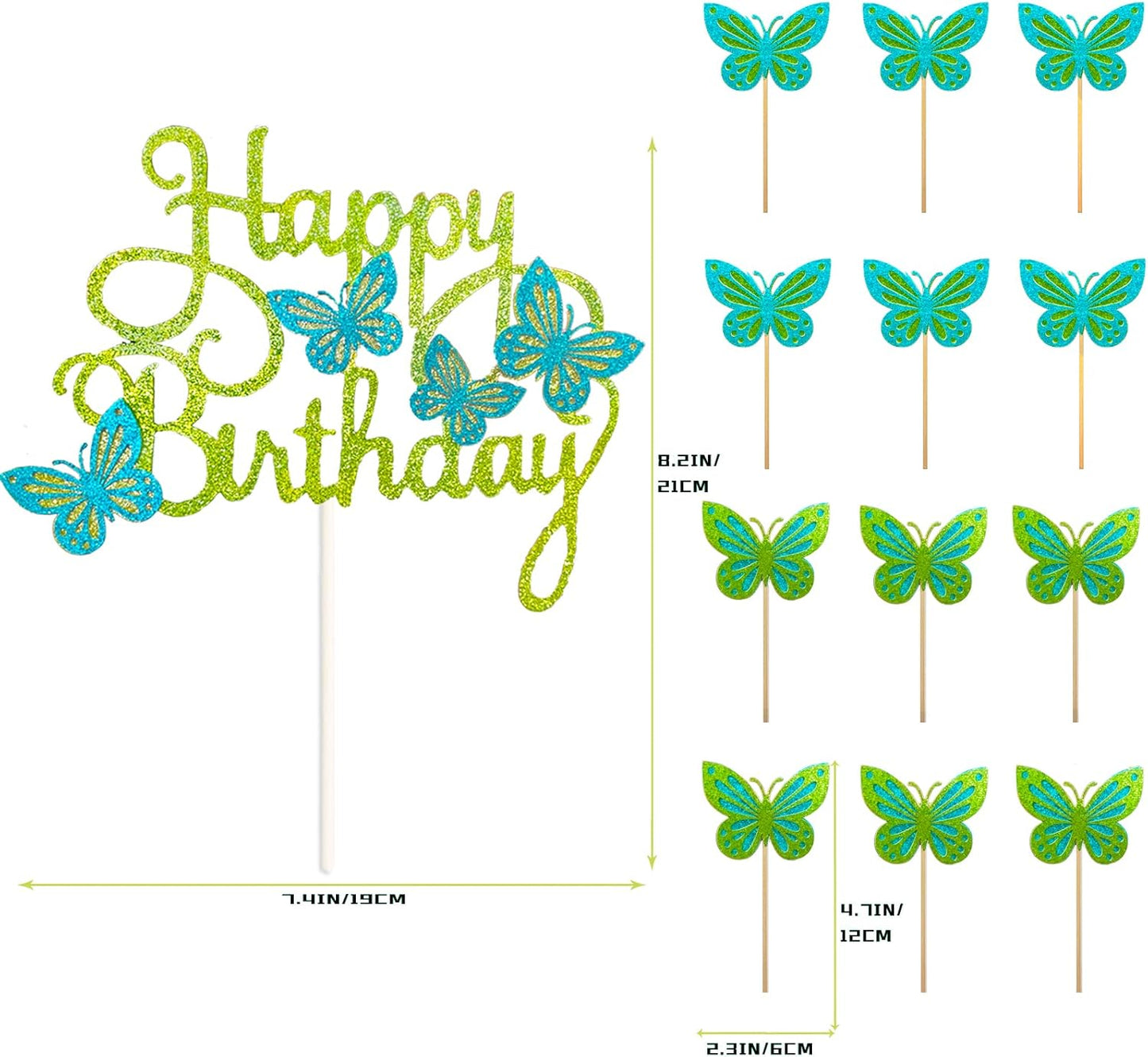 13-Piece Butterfly Cake Toppers - 3D Cupcake Toppers for Girls & Women's Birthdays (Greenish Blue)