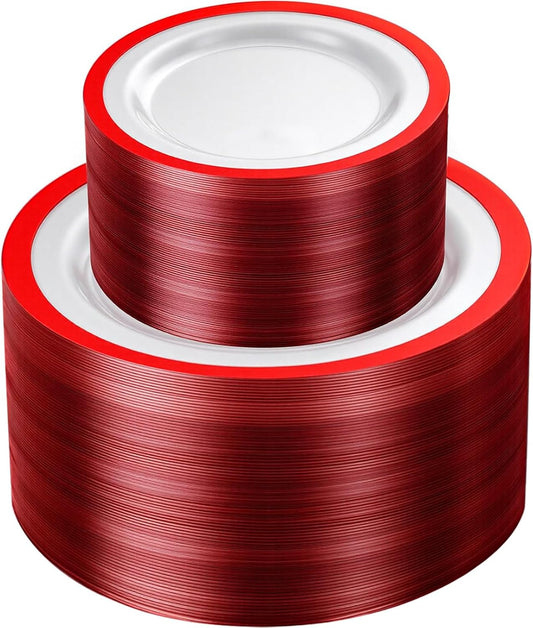 U-QE 120PCS Red Plastic Plates for Party - Christmas Plates Disposable Heavy Duty - Fancy Disposable Plates Include 60 10" Dinner and 60 7" Dessert Platos for Party & Wedding