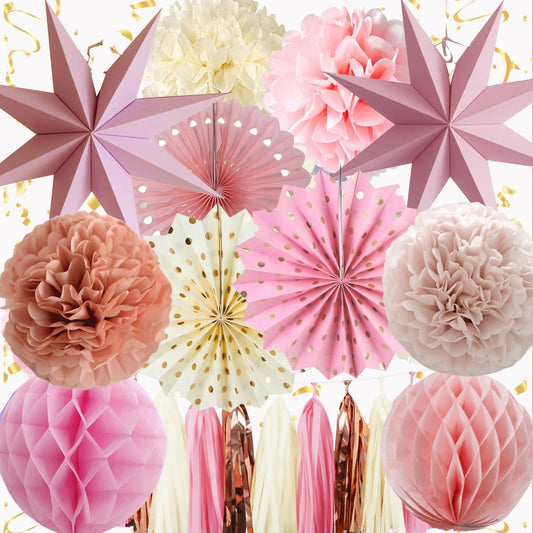 Pink Party Decorations - Dusty Pink Birthday Decoration - 15PCS Boho Decorations for Women Men Girl Boy,Hanging Backdrop Decor for Engagement,Boho Wedding,Baby Shower,Bridal Shower,Garden Party