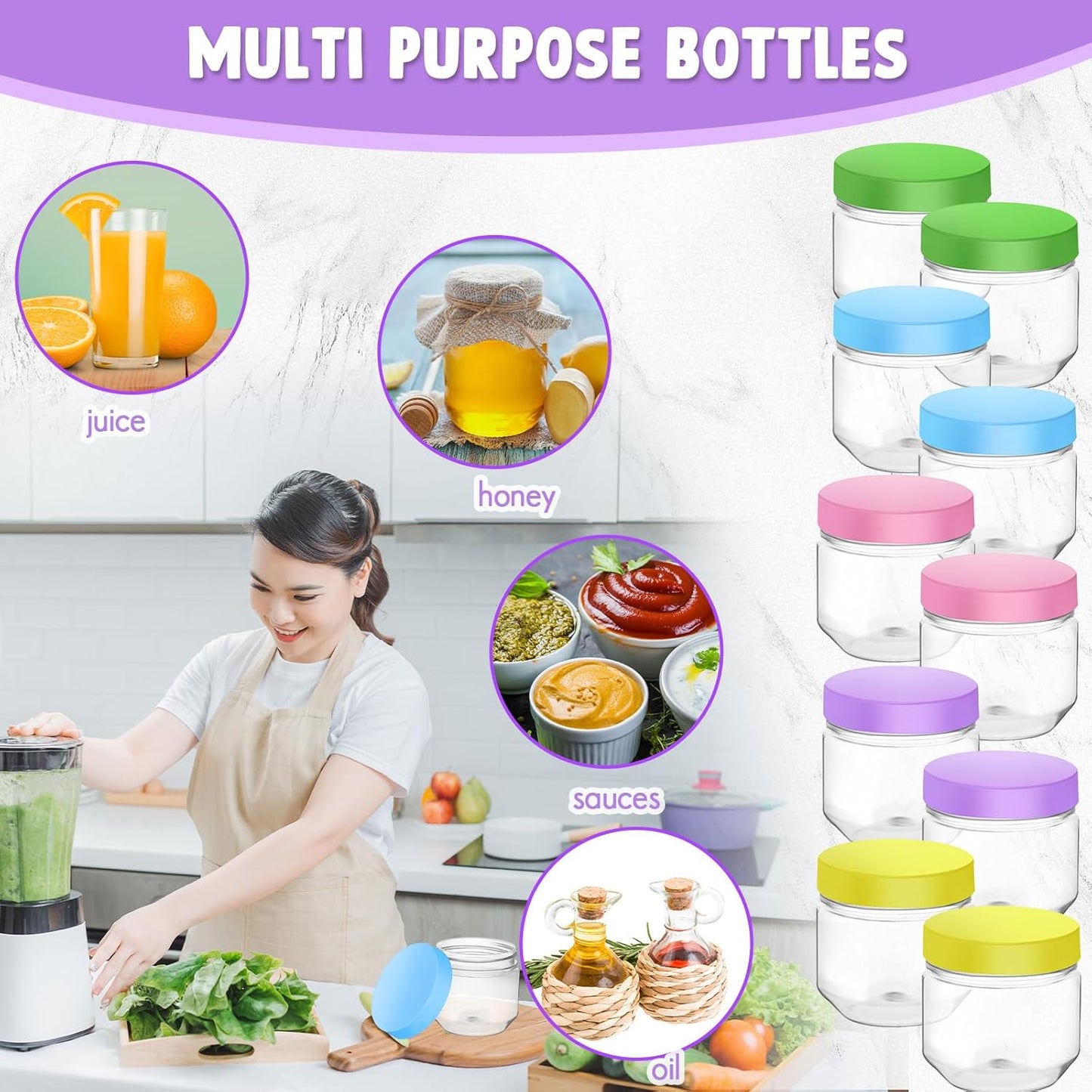 Tanlade 60 Pcs 3 oz Clear Plastic Jars with Lids Wide Mouth Mason Jars Mini Storage Containers Bulk for Herb Jelly Wedding Valentine Favors Shower Party Favors(Colorful)