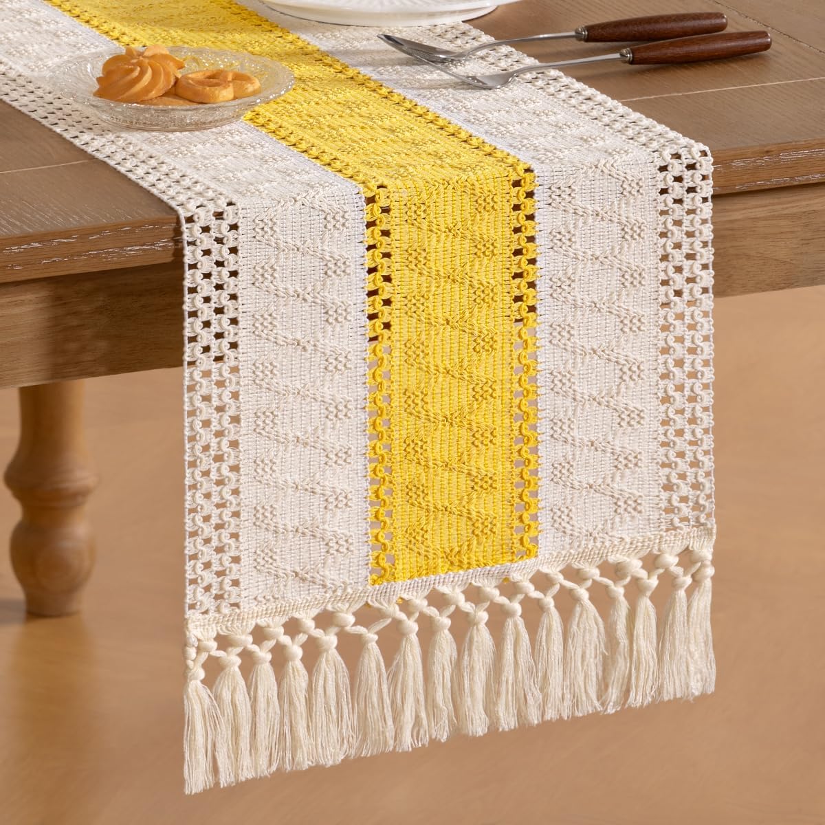Socomi Boho Table Runner Fall Thanksgiving Farmhouse Rustic Dining Kitchen Centerpiece Decor Small Macrame Woven Cotton Coffee Table Runner for Dresser Scarf Home Decor 12x72 in Yellow Gold Ivory