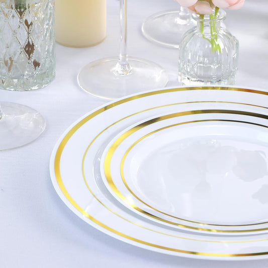 Moretoes 100PCS Gold Plastic Plates Disposable,Party Plates White Gold Rim, 10.25inch Dinner Plate and 7.5inch Dessert Salad Plate for Wedding Party and Birthday