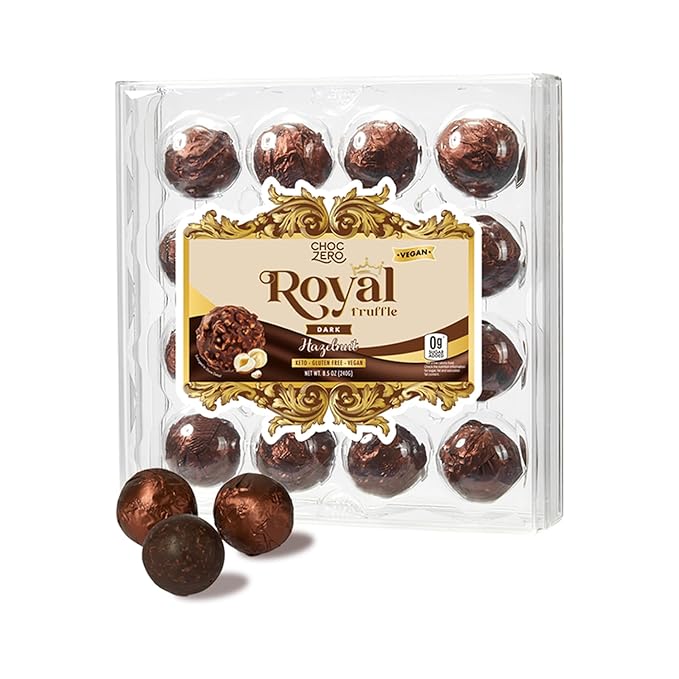 ChocZero Dark Chocolate Hazelnut Truffles, Vegan, Sugar Free, Gluten Free, Keto Holiday Gift, High Fiber, 16 Individually Wrapped Pieces, 8.5 Ounce (Pack of 1)