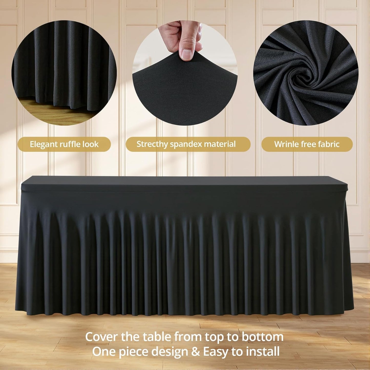 Suppromo 6ft Black Spandex Tablecloths for Rectangle Tables Wrinkle Free Black Table Cloth Rectangle Stretch Fitted Table Cover with Skirt for Wedding Birthday Party Banquet Baby Shower Buffet Event