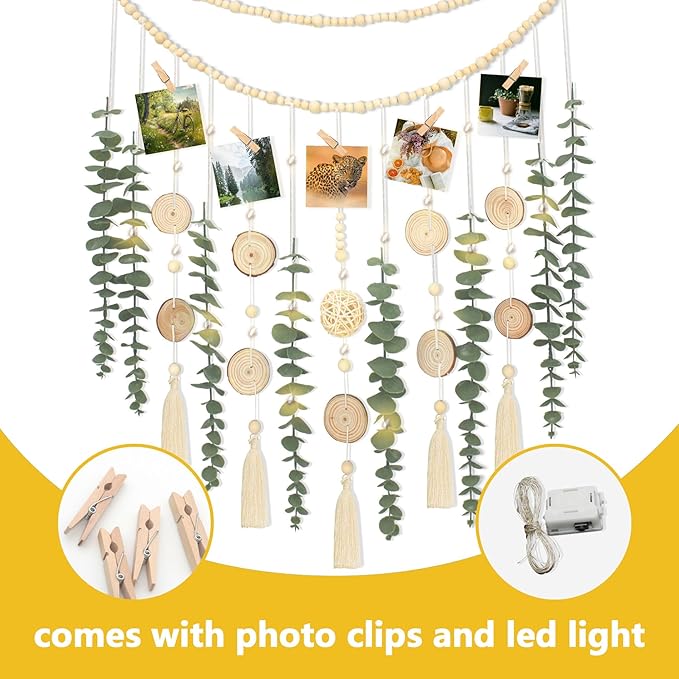 Artificial Eucalyptus Wall Decor with Wicker Ball Natural Boho Home Decorations Hanging Wooden Bead Garland for Large Bedroom Bathroom Living Room, 32 x 32 Inch