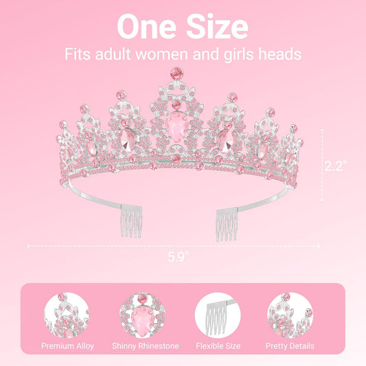 Birthday Tiara and Crown with Sash, Birthday Tiara for Women Party (Pink)