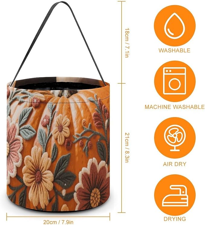 Halloween Candy Bucket - Fall Pumpkin Ethic Boho Floral Trick Or Treat Candy Bag, Gift Bag for Party Favor Supplies