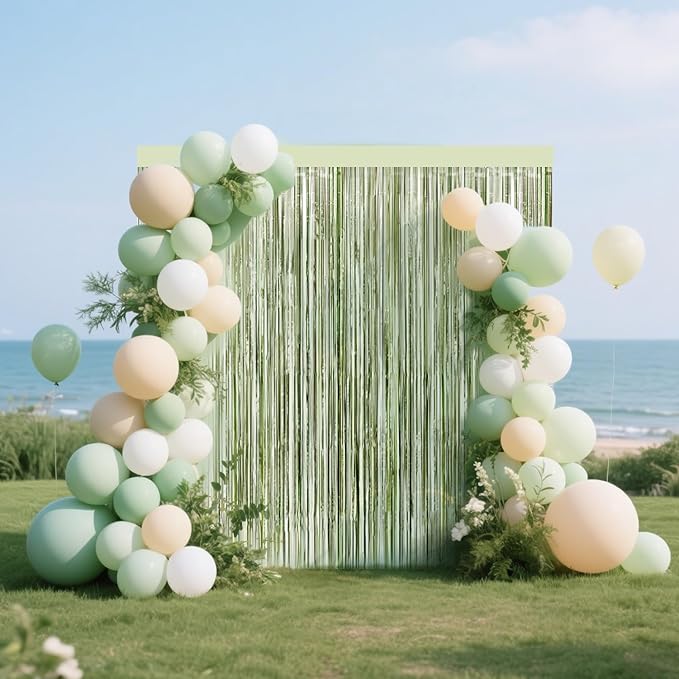 4 Packs Sage Green Foil Fringe Curtain, Light Green Glitter Metallic Tinsel Backdrop for Boho Birthday Wedding Bridal Baby Shower Engagement Martini Party Decorations Supplies