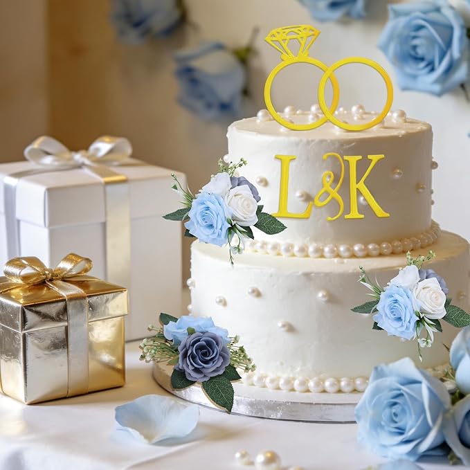 4Pcs Wedding Cake Topper Diamond Ring Cake Topper with 26 Letter Personalize Bride and Groom Initial Sign Cake Decor for Bridal Shower Party