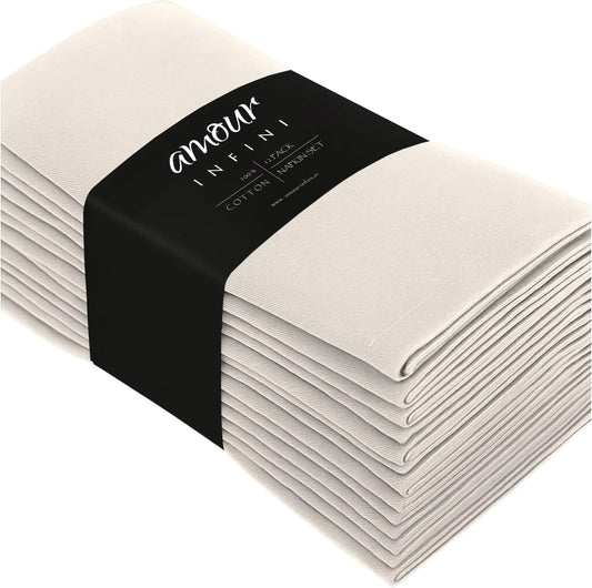 AMOUR INFINI Cotton Cloth Napkins Set of 12 - Soft Dinner Napkins with Hemmed Edges, Hotel Quality 18x18 Inch for Home Dining, Table Decor (Beige)