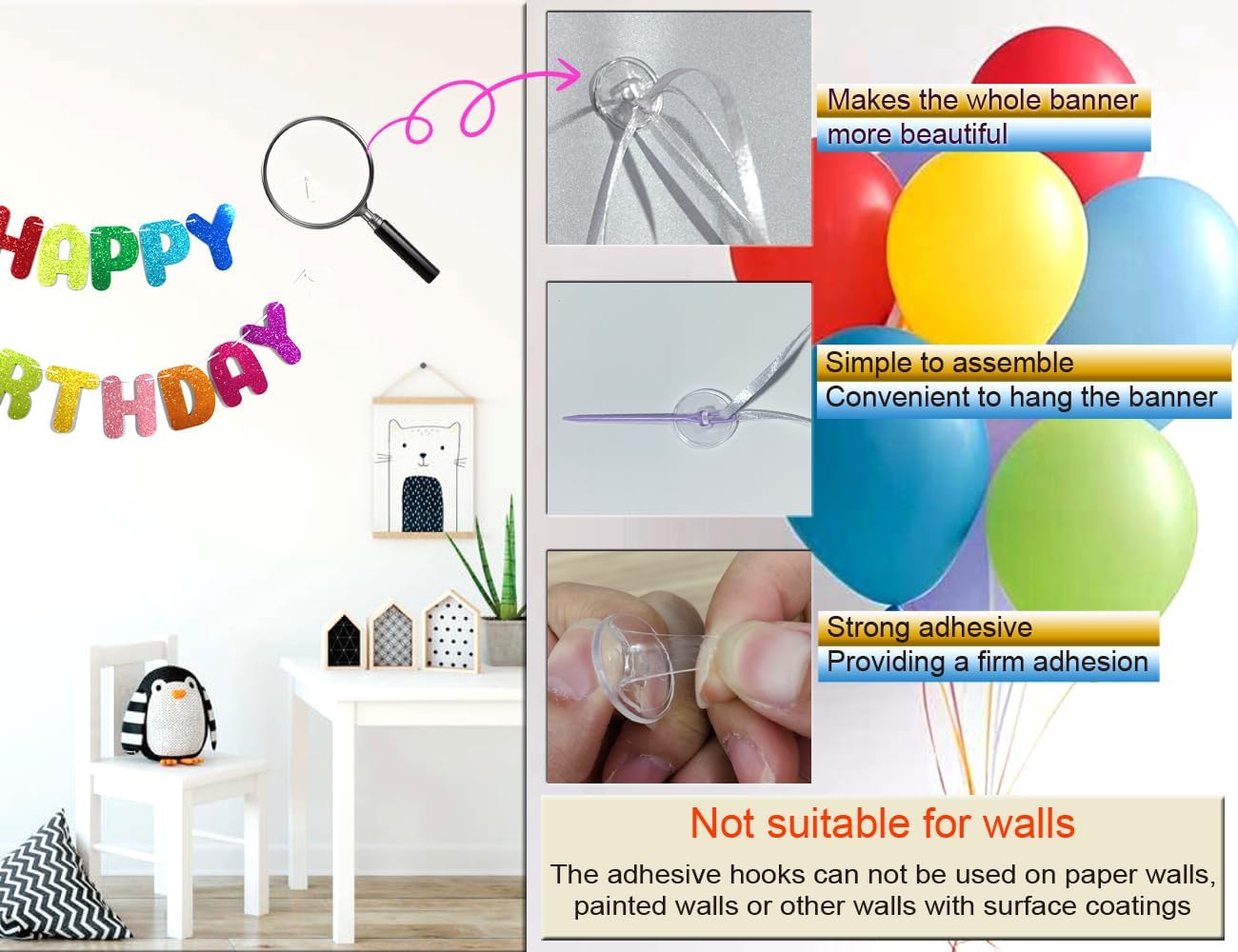 Rainbow Happy Birthday Banner,with adhesive hooks,colorful gradient letter party banner,Glitter Decor,Kids Baby Adults Birthday Decorations Party Supplies(Pre-Strung)