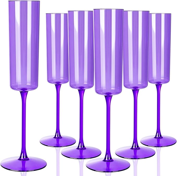 YOUBET 24 Pack Purple Plastic Champagne Flutes -6 Oz Clear Purple Champagne Glasses - Square Plastic Toasting Glasses for Birthday Anniversary Wedding & Party