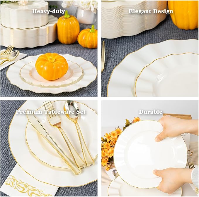 HIGH END 100 Pcs Ivory Wave Plastic Plates with Gold Trim, Fancy Disposable Plate Sets Include 50 Dinner & 50 Dessert Plastic Plates, Elegant Disposable Plate Set For Party, Thanksgiving (50 Guests)