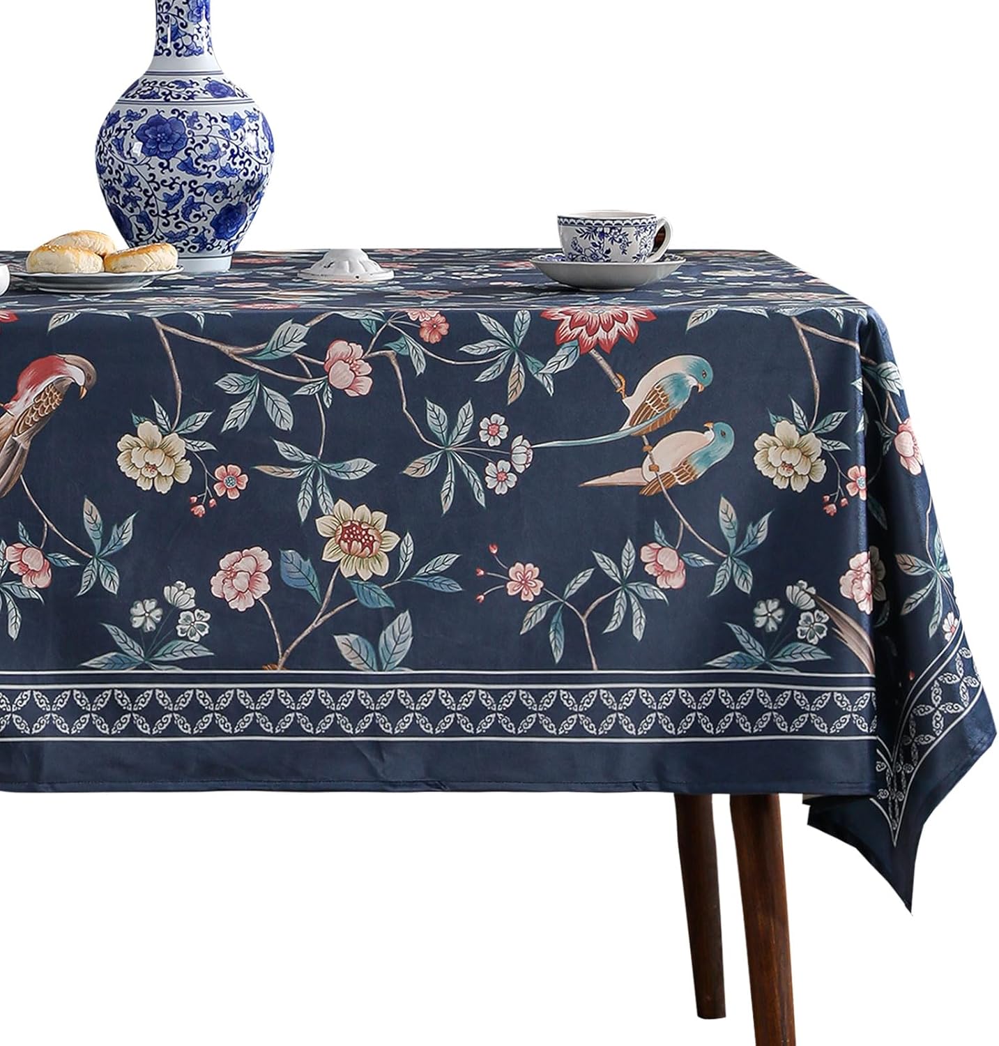 patdrea Designer Dark Blue Linen Rectangular Tablecloth,Vintage Navy French Floral and Birds Pattern Table Cloth,Decoration Table Cover for Kitchen,Dining,Tea Party,Home,Christmas,67"*118"