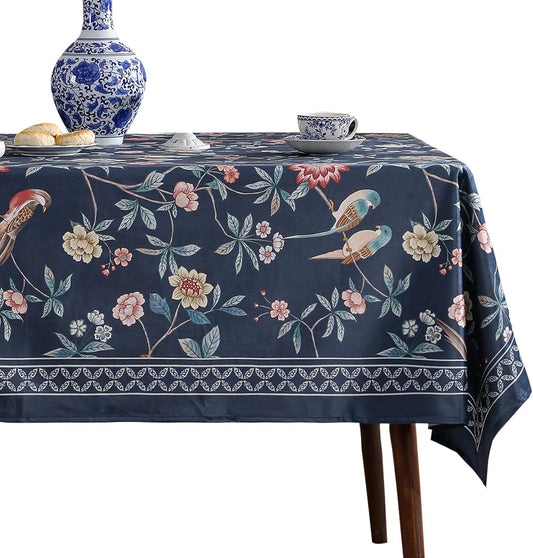 patdrea Designer Dark Blue Linen Rectangular Tablecloth,Vintage Navy French Floral and Birds Pattern Table Cloth,Decoration Table Cover for Kitchen,Dining,Tea Party,Home,Christmas,67"*118"