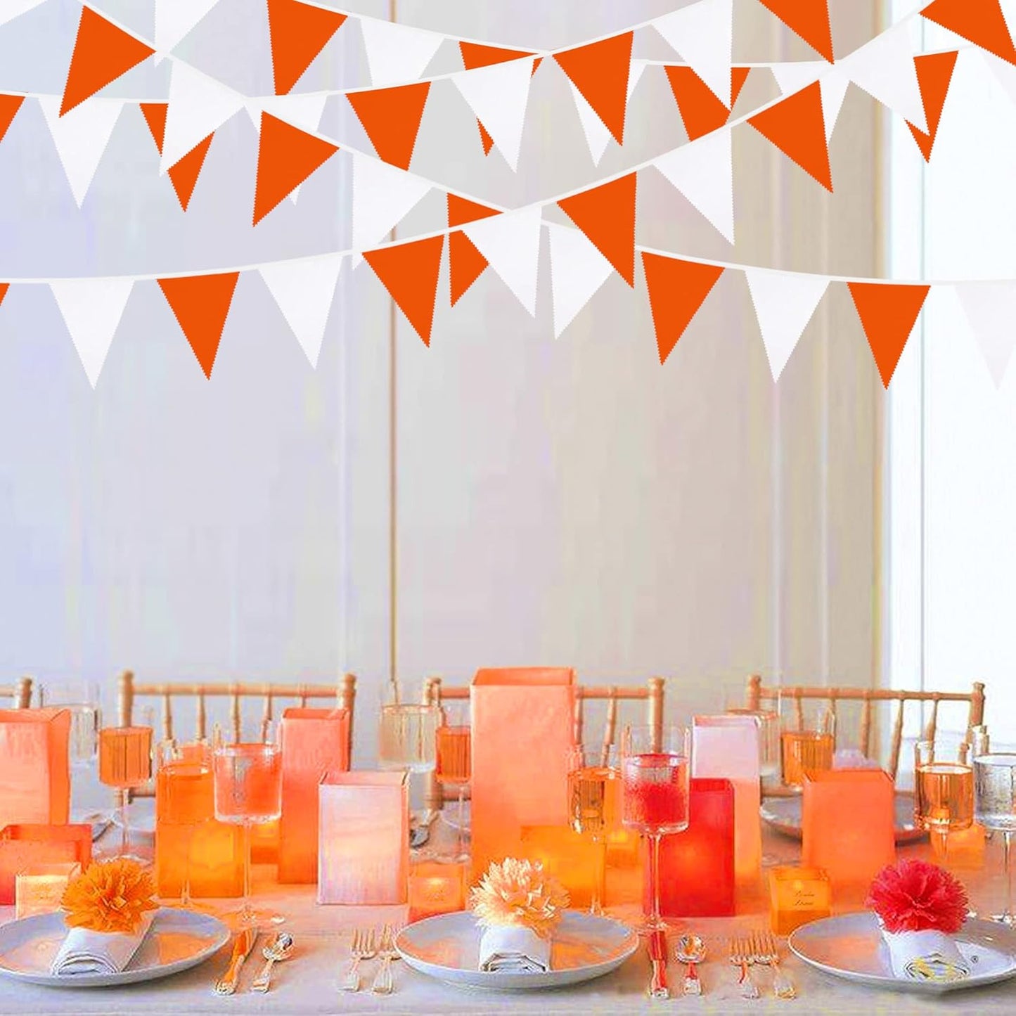 32Ft Orange White Triangle Flag Fabric Banner Pennant Garland Bunting Streamers for Fall Decor Autumn Wedding Birthday Party Thanksgiving Day Graduation Home Nursery Outdoor Garden Hanging Decoration