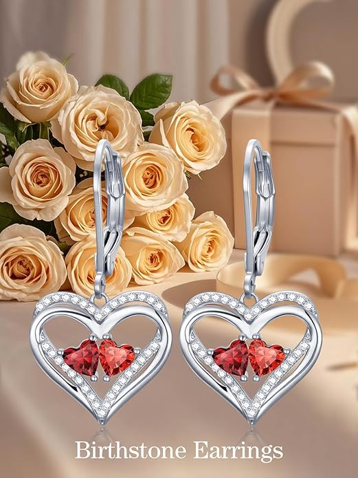 Valentines Day Gifts for Women, Heart Leverback Earrings Double Birthstone Dangle Earrings for Women, Love Jewelry for Her, Anniversary Birthday Gift for Mom Wife Girlfriend