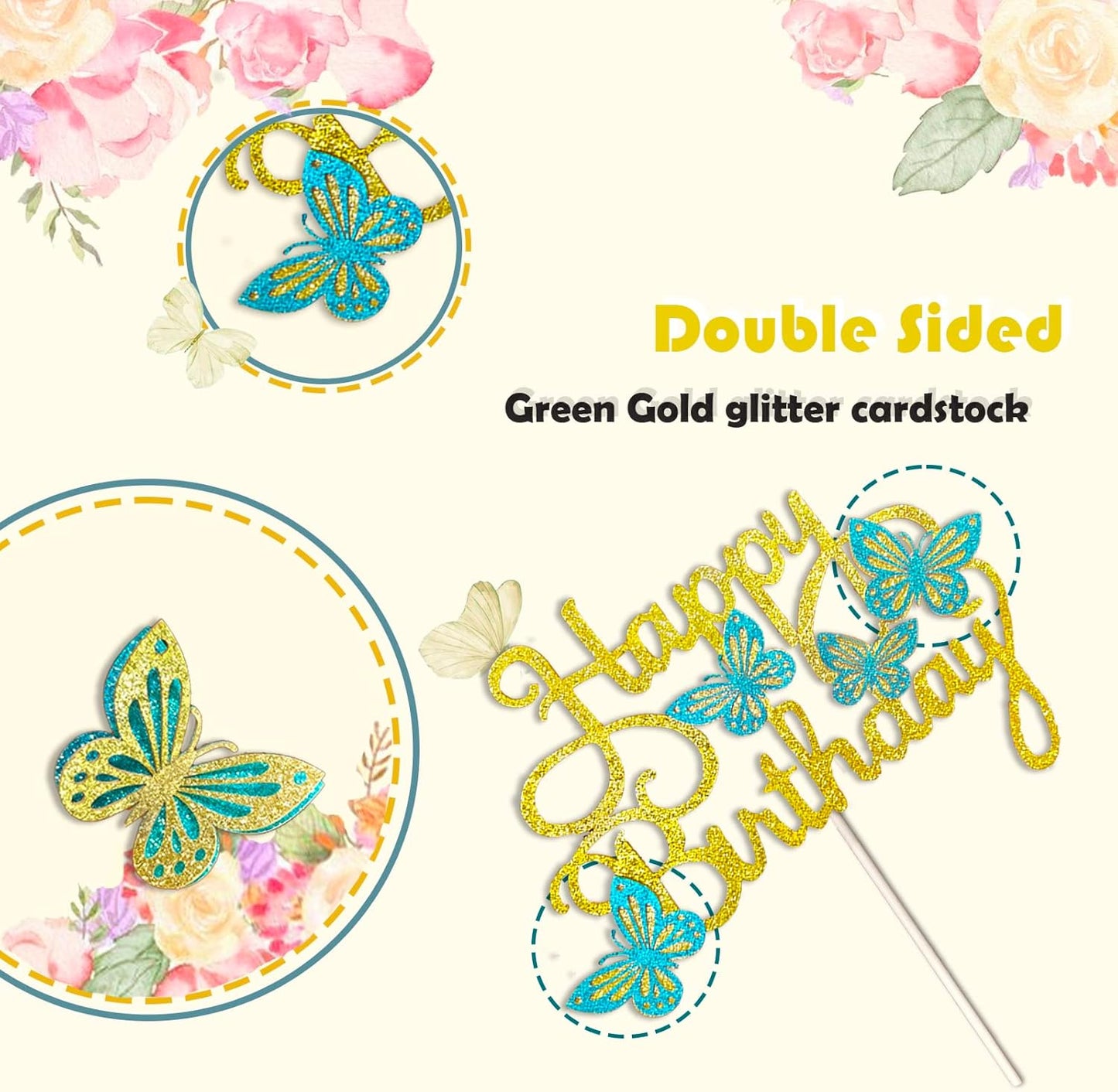 13 Pieces Green Gold Butterfly Cake Toppers 3D Butterfly Cupcake Topper for Girls